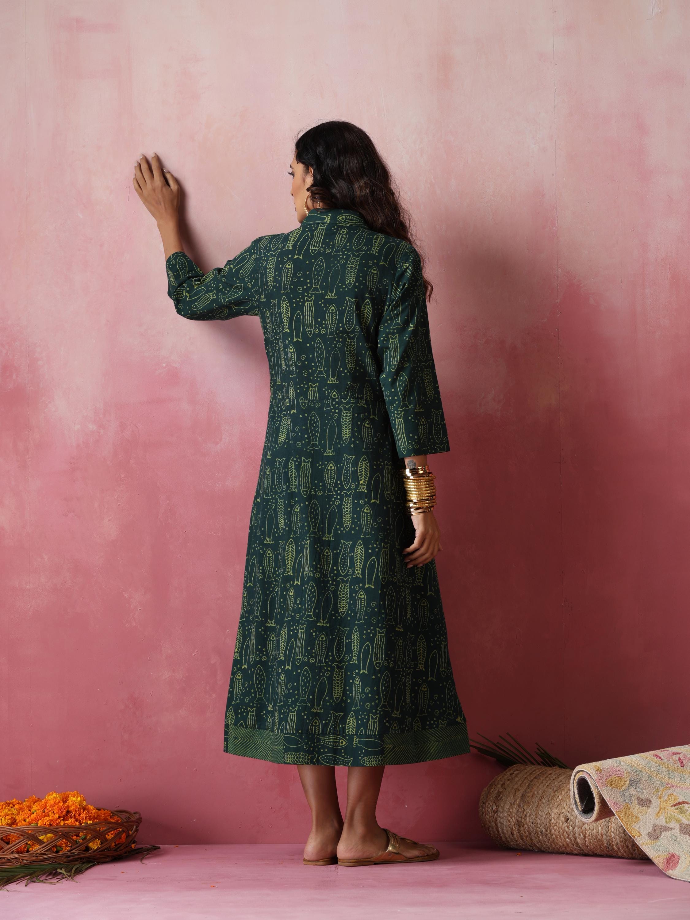 Green fish print cotton maxi dress- natural dye