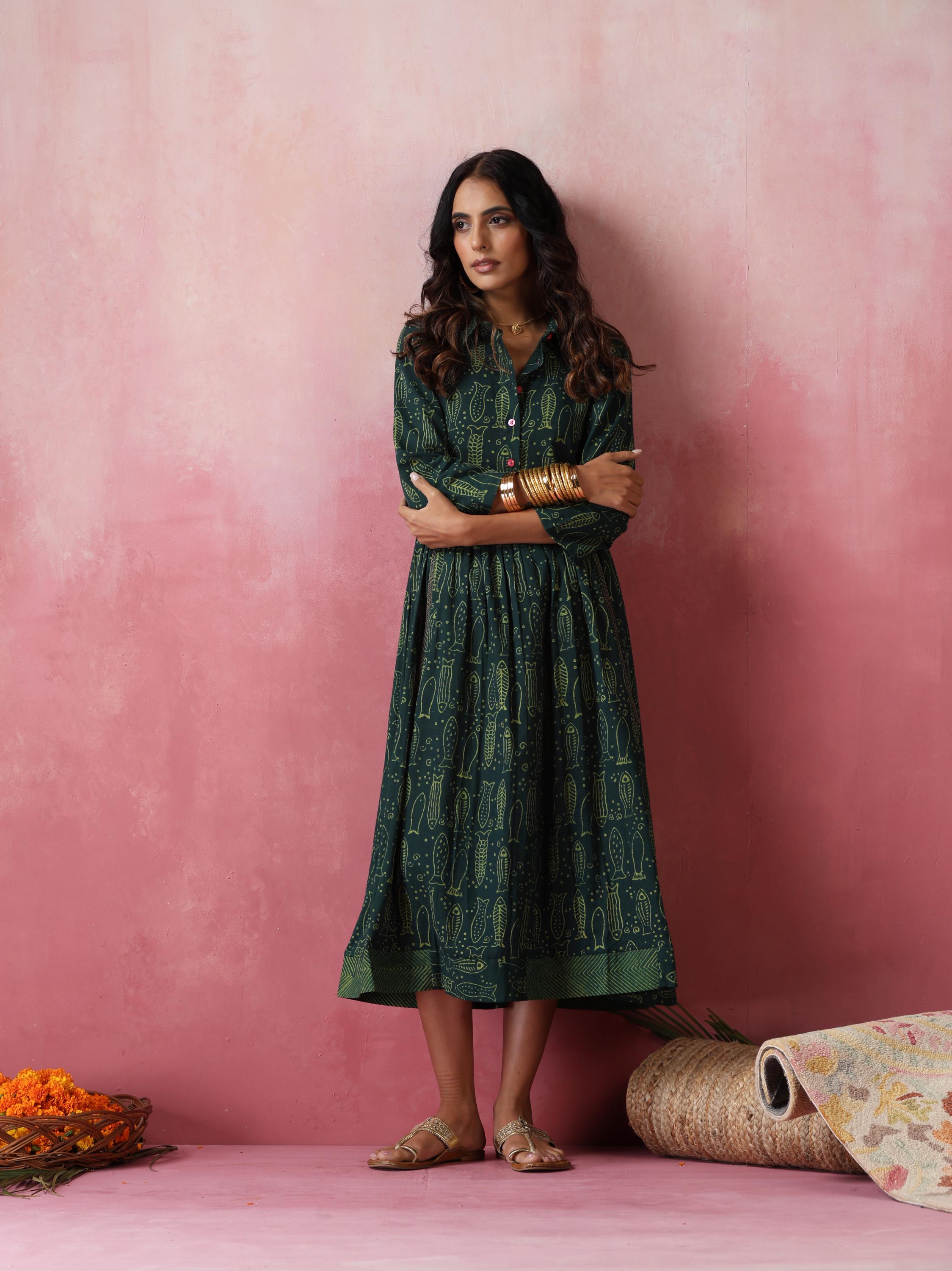 Green fish print cotton maxi dress- natural dye