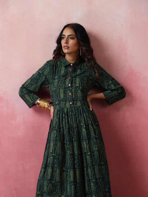 Green fish print cotton maxi dress- natural dye