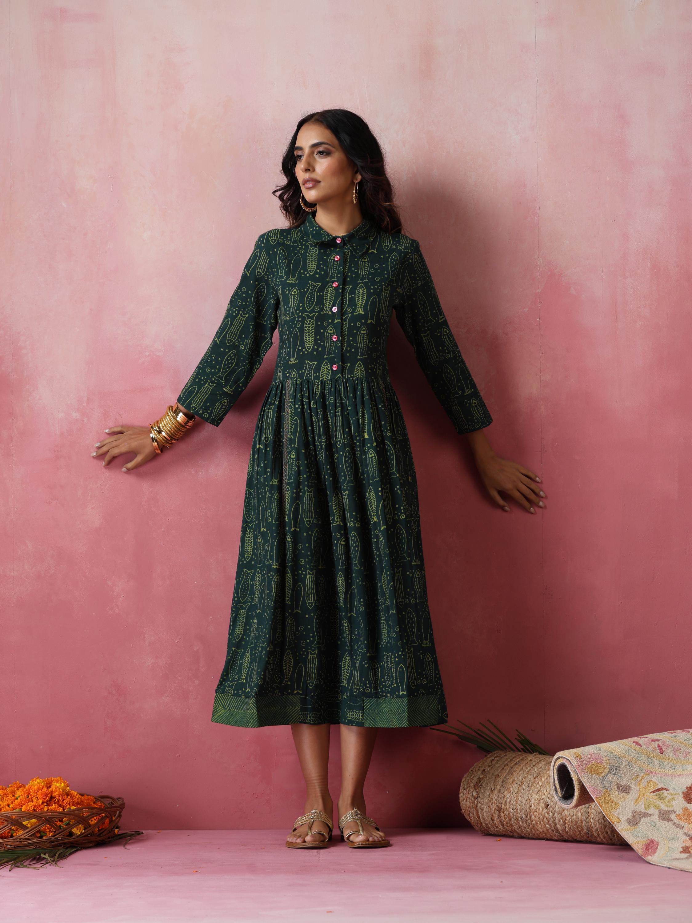 Green fish print cotton maxi dress- natural dye