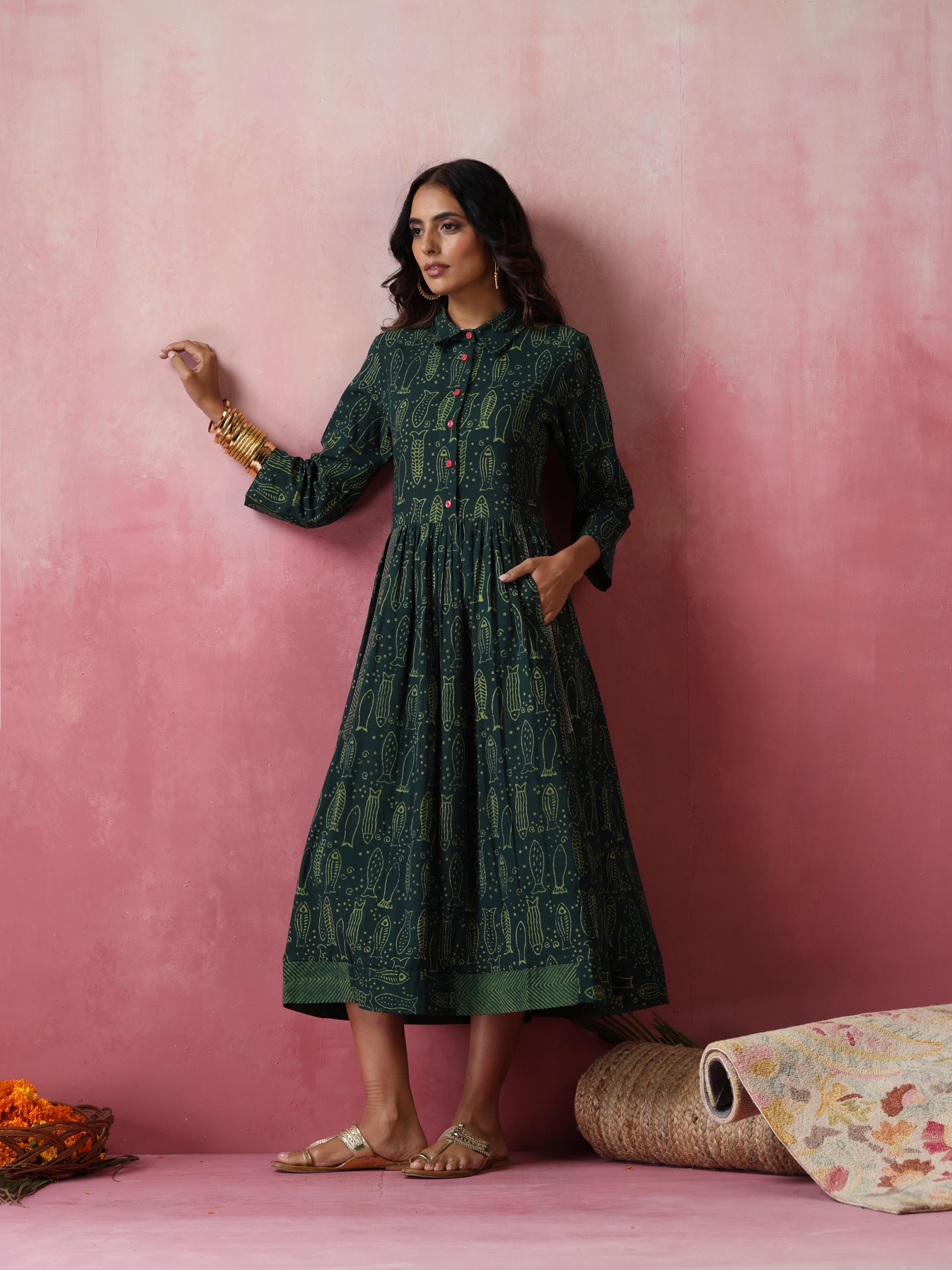 Green fish print cotton maxi dress- natural dye