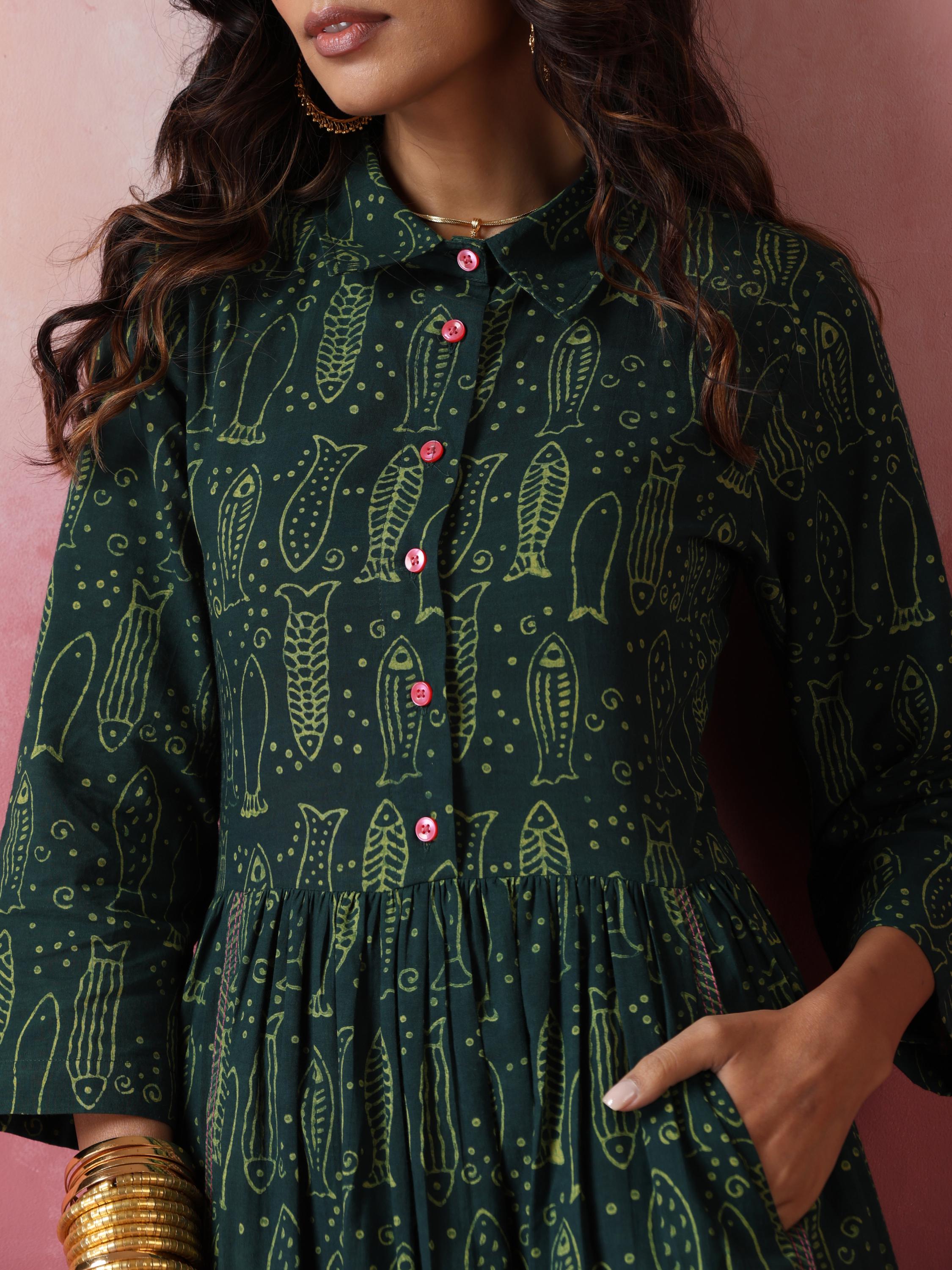 Green fish print cotton maxi dress- natural dye